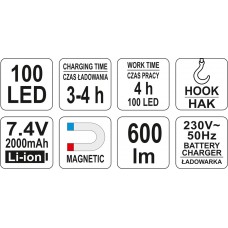 Yato Lampa magnetica 100 leduri portabila cu acumu..